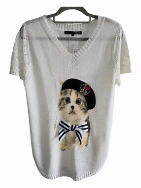 NWT NESS White Short Sleeve Knit Kitten Sweater with Beret & Ribbon Bow